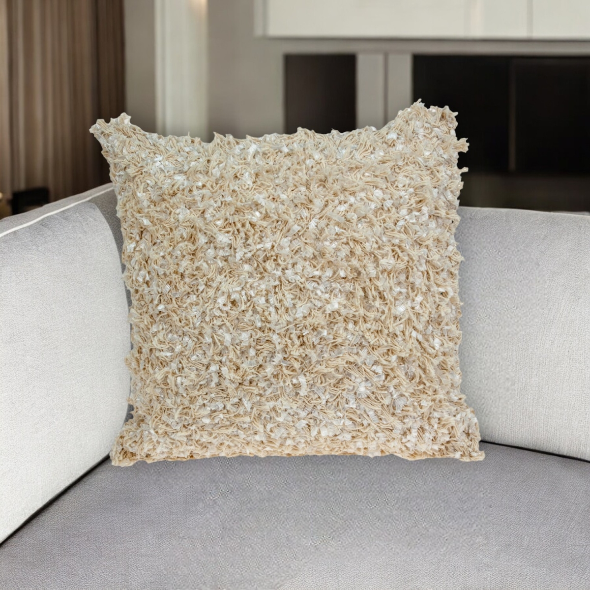 Beige Shag Throw Pillow - 18 in. - Soft Polyester Fill - Cozy Decor Accent