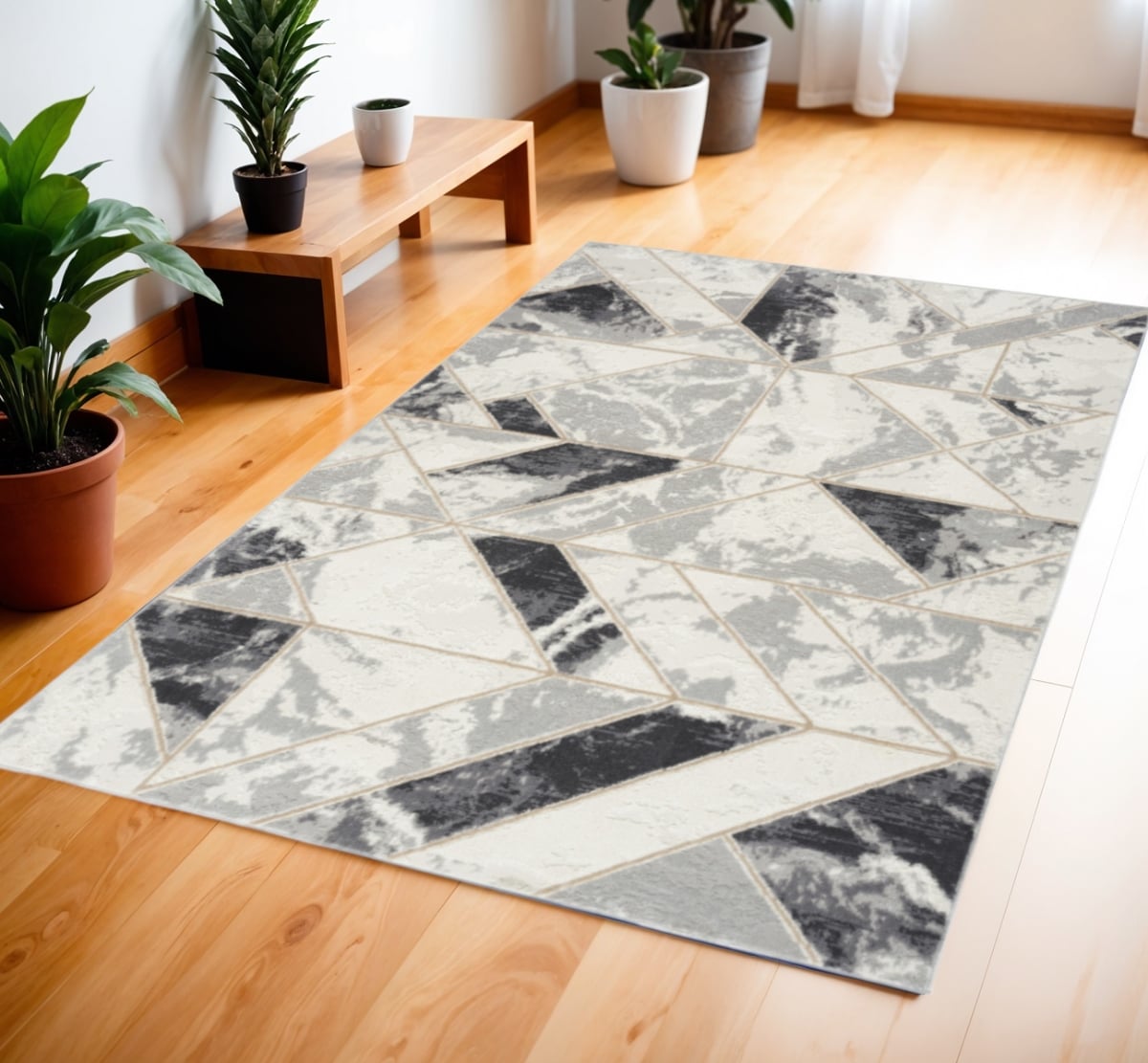 553134 4 x 6 ft. Geometric Non Skid Rectangle Area Rug, Ivory, Black & Gray