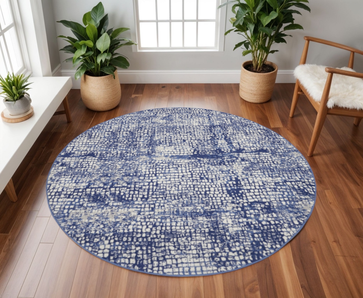 552309 8 ft. Abstract Round Rug, Ivory & Navy Blue