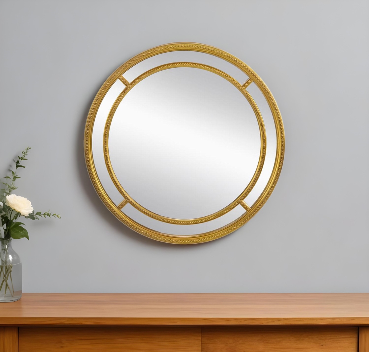 485077 35 in. Gold Geo Dot Round Double Frame Accent Mirror