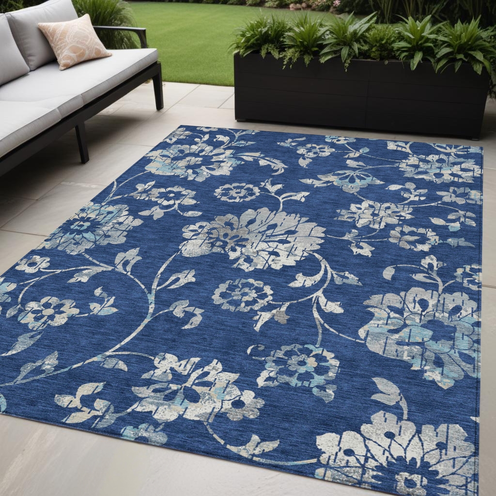 589483 5 x 8 ft. Floral Washable Indoor & Outdoor Rectangle Area Rug, Navy Blue & Gray