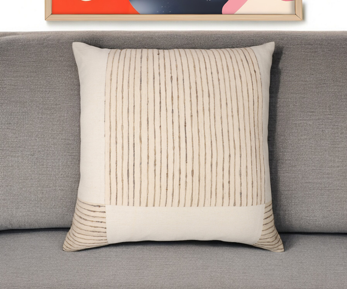 549445 24 in. Beige & White Check Silk Throw Pillow with Embroidery