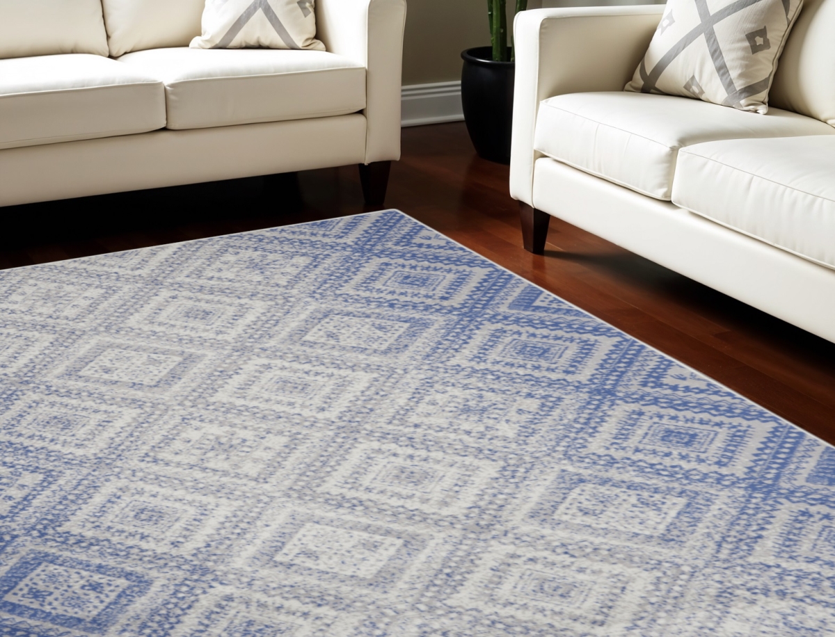 550626 7 x 10 ft. Geometric Distressed Non Skid Rectangle Area Rug, Ivory & Blue
