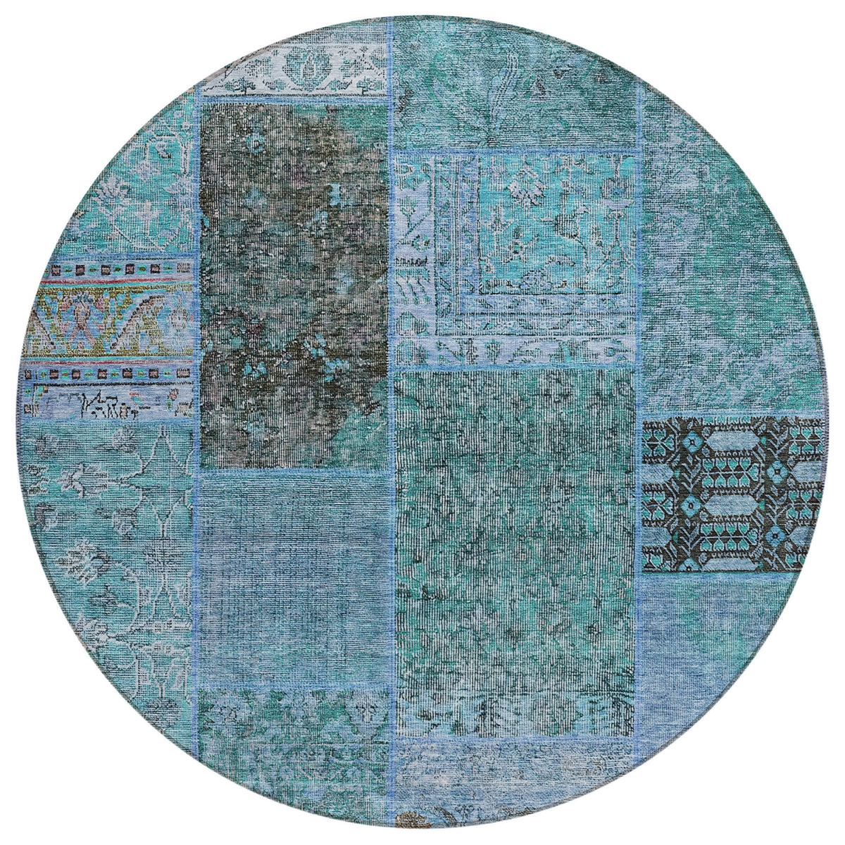 580924 8 ft. Round Patchwork Washable Indoor & Outdoor Area Rug, Teal Blue, Aqua & Gray