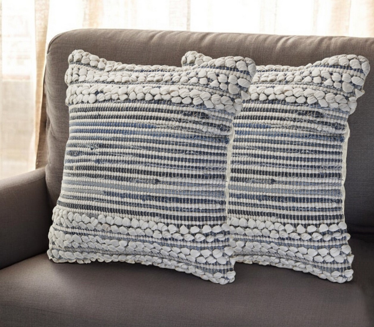 554600 Blue & Ivory Striped Cotton Throw Pillow - Set of 2