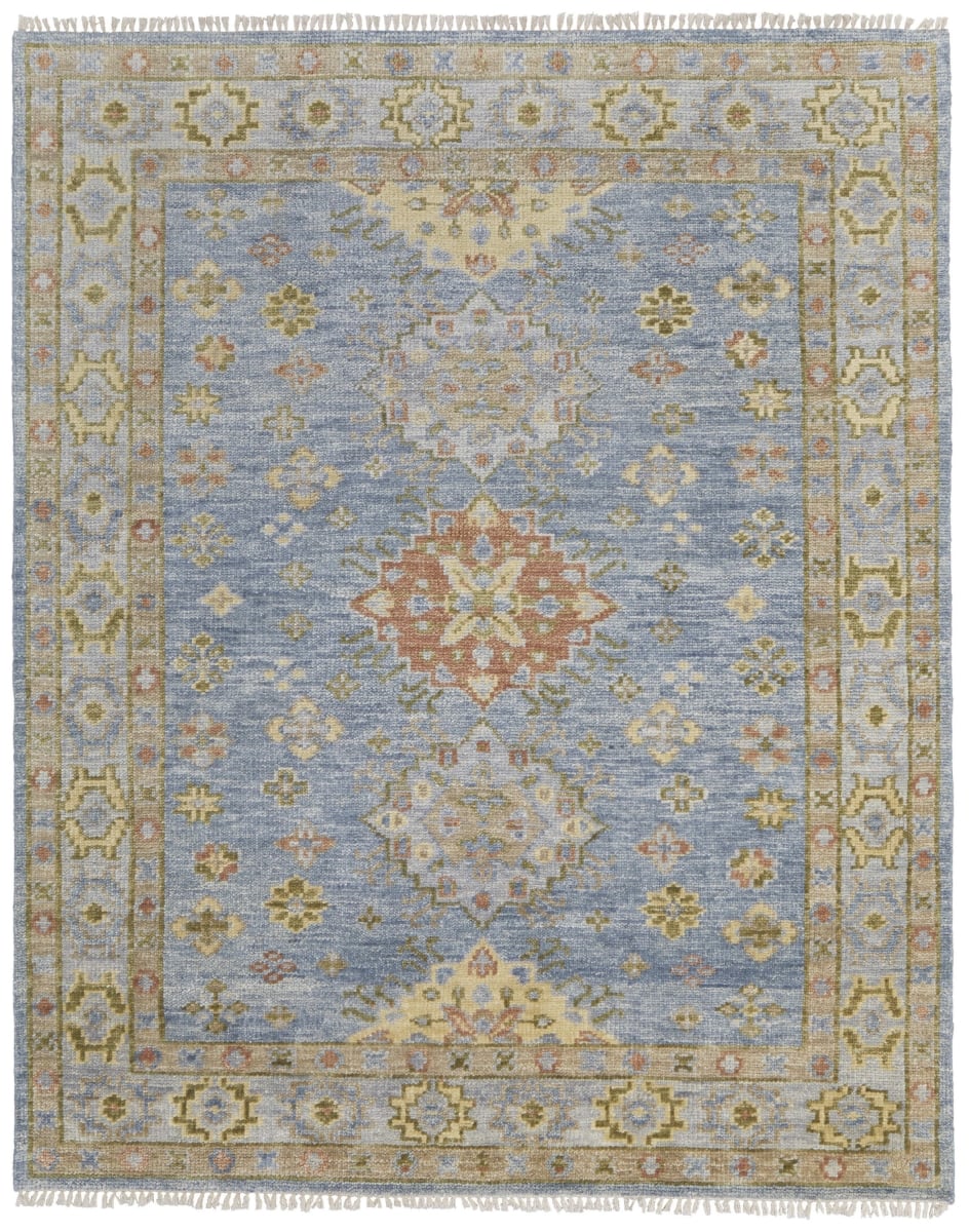 567118 8 x 10 ft. Green, Blue & Yellow Wool Geometric Hand Knotted Rectangle Area Rug with Fringe