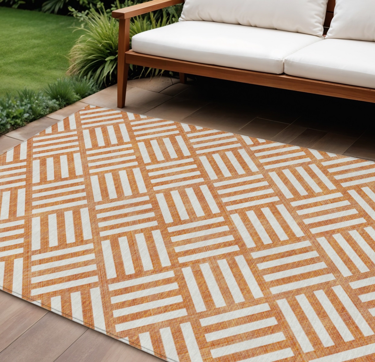 578789 10 x 14 ft. Geometric Washable Indoor & Outdoor Rectangle Area Rug, Orange & Ivory