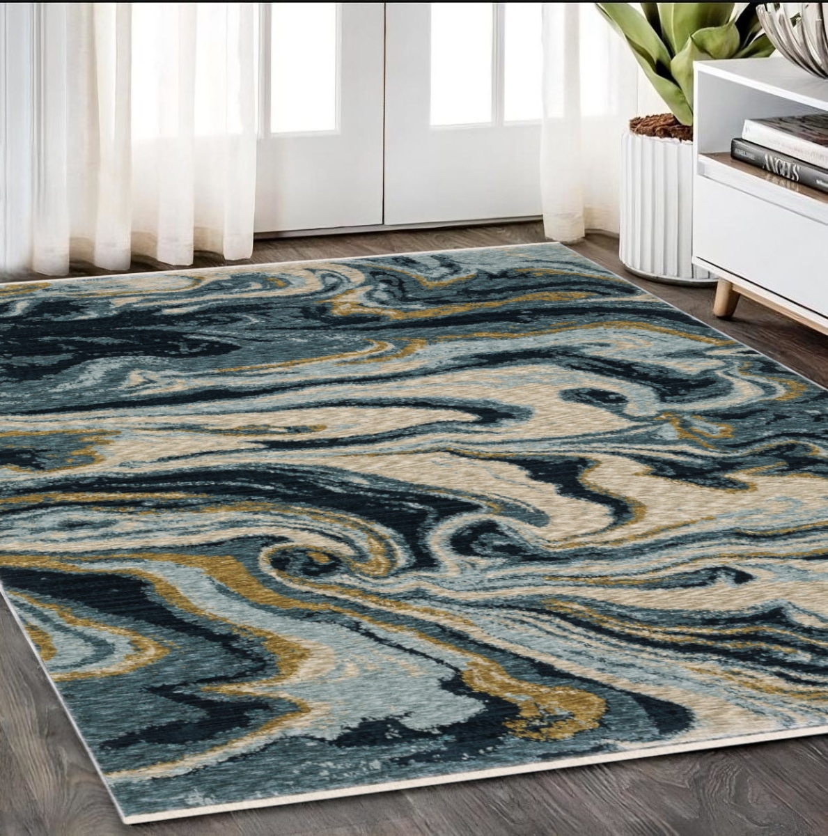 575025 5 x 8 ft. Abstract Rectangle Area Rug with Fringe, Navy Blue & Teal