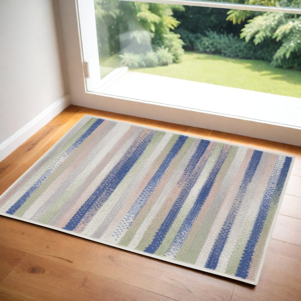 553074 3 x 5 ft. Striped Rectangle Area Rug, Ivory, Tan & Blue