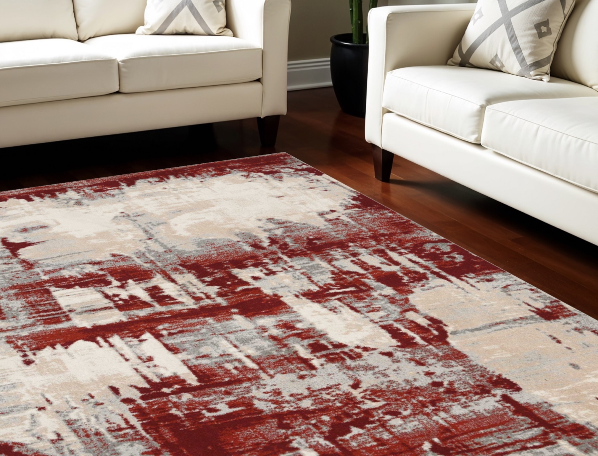 551253 8 x 11 ft. Abstract Non Skid Rectangle Area Rug, Ivory, Red & Gray