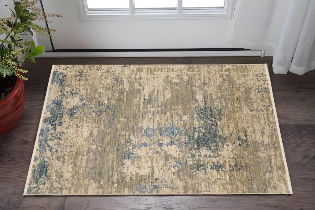 575197 2 x 3 ft. Abstract Rectangle Area Rug with Fringe, Beige & Blue