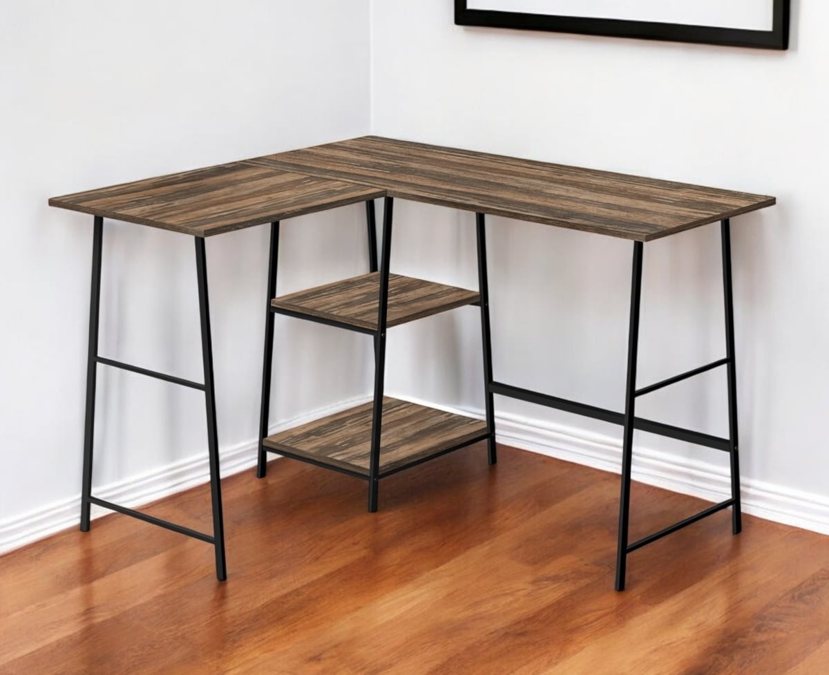 489995 42 in. Brown & Black Wood & Metal L Shape Computer Desk