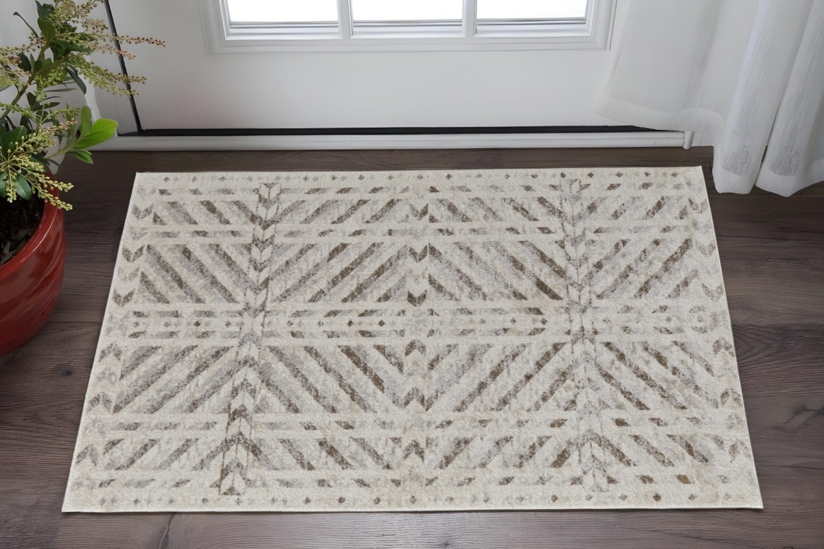 567810 2 x 3 ft. Geometric Power Loom Rectangle Area Rug, Ivory & Brown