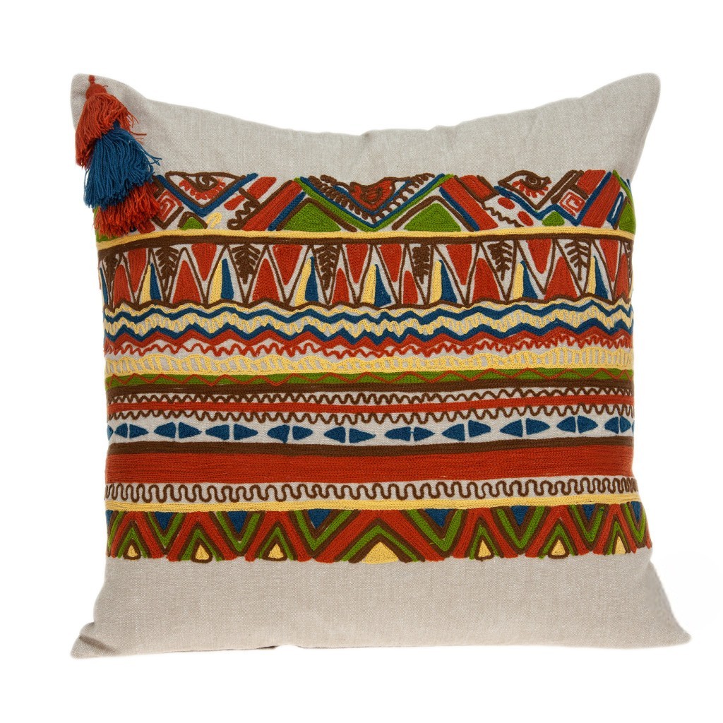 Decorative Striped Throw Pillow - Beige & Orange - 20 in. - Embroidered Design