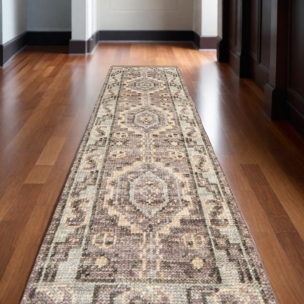 567077 10 ft. Wool Geometric Hand Knotted Runner Rug with Fringe, Ivory, Gray & Brown