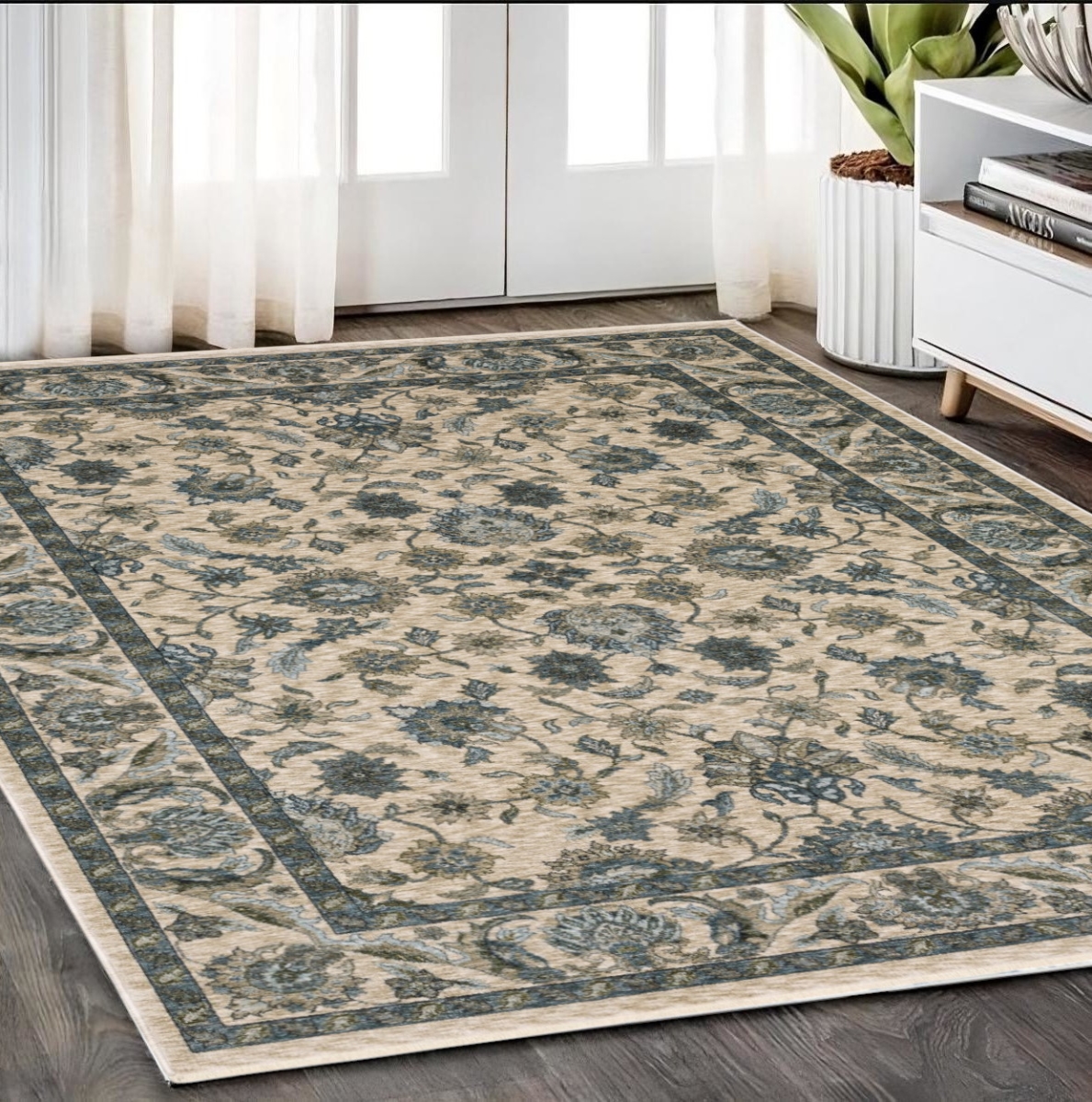 574733 5 x 8 ft. Oriental Rectangle Area Rug with Fringe, Beige & Blue