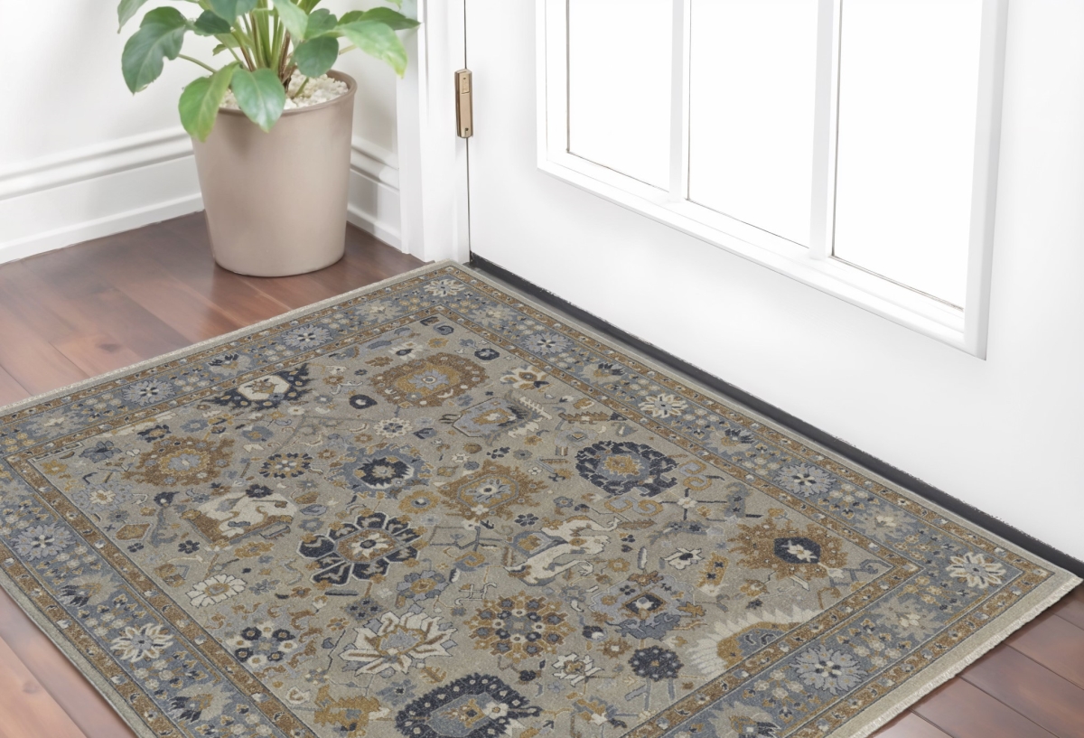 566786 2 x 3 ft. Wool Oriental Hand Knotted Rectangle Area Rug with Fringe, Gray & Brown