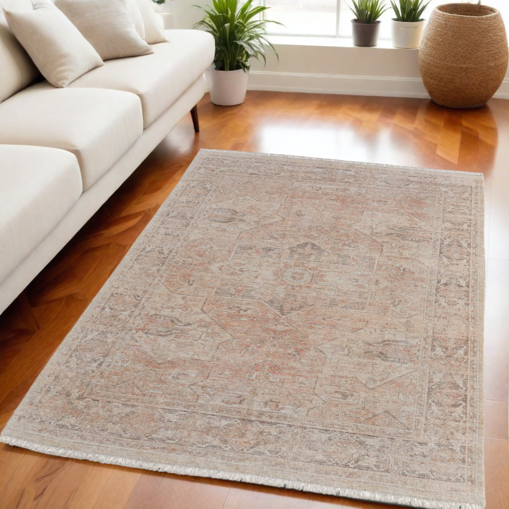 566217 5 x 8 ft. Oriental Hand Woven Distressed Rectangle Area Rug with Fringe, Tan, Orange & Ivory