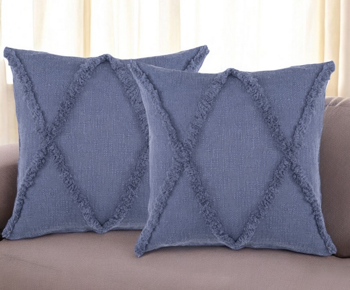 554569 Square Blue Diamond Cotton Throw Pillow with Fringe - Set of 2