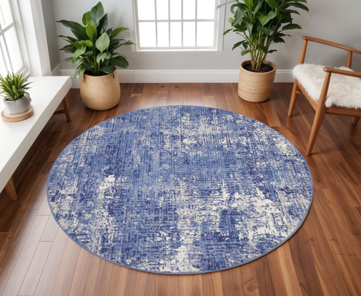 556172 8 ft. Abstract Distressed Round Rug, Ivory & Blue