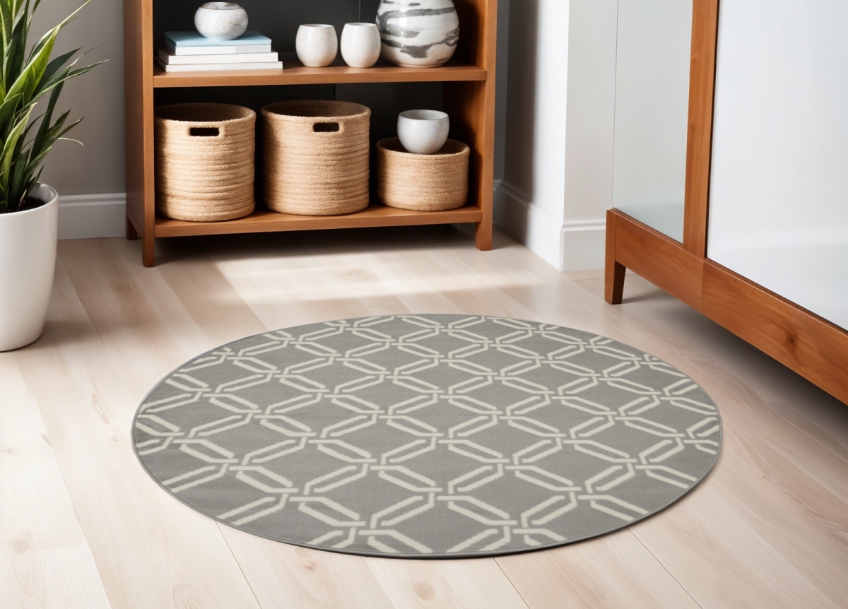 552377 5 ft. Trellis Power Loom Round Rug, Gray & Beige