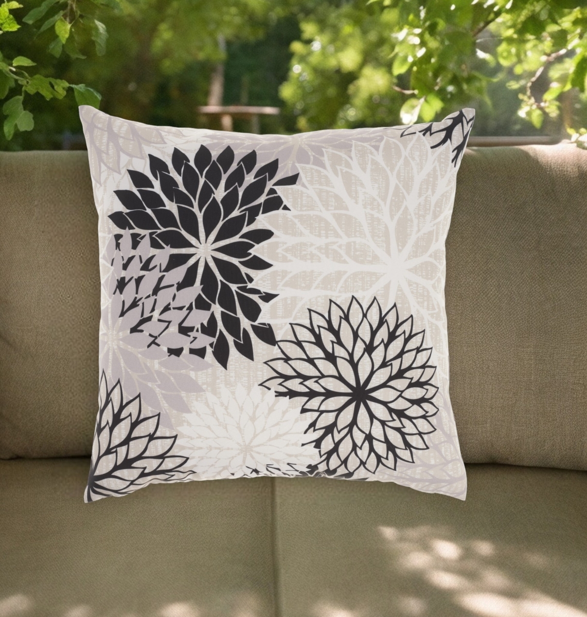 527776 20 in. Black Gray & White Handmade Floral Indoor & Outdoor Throw Pillow