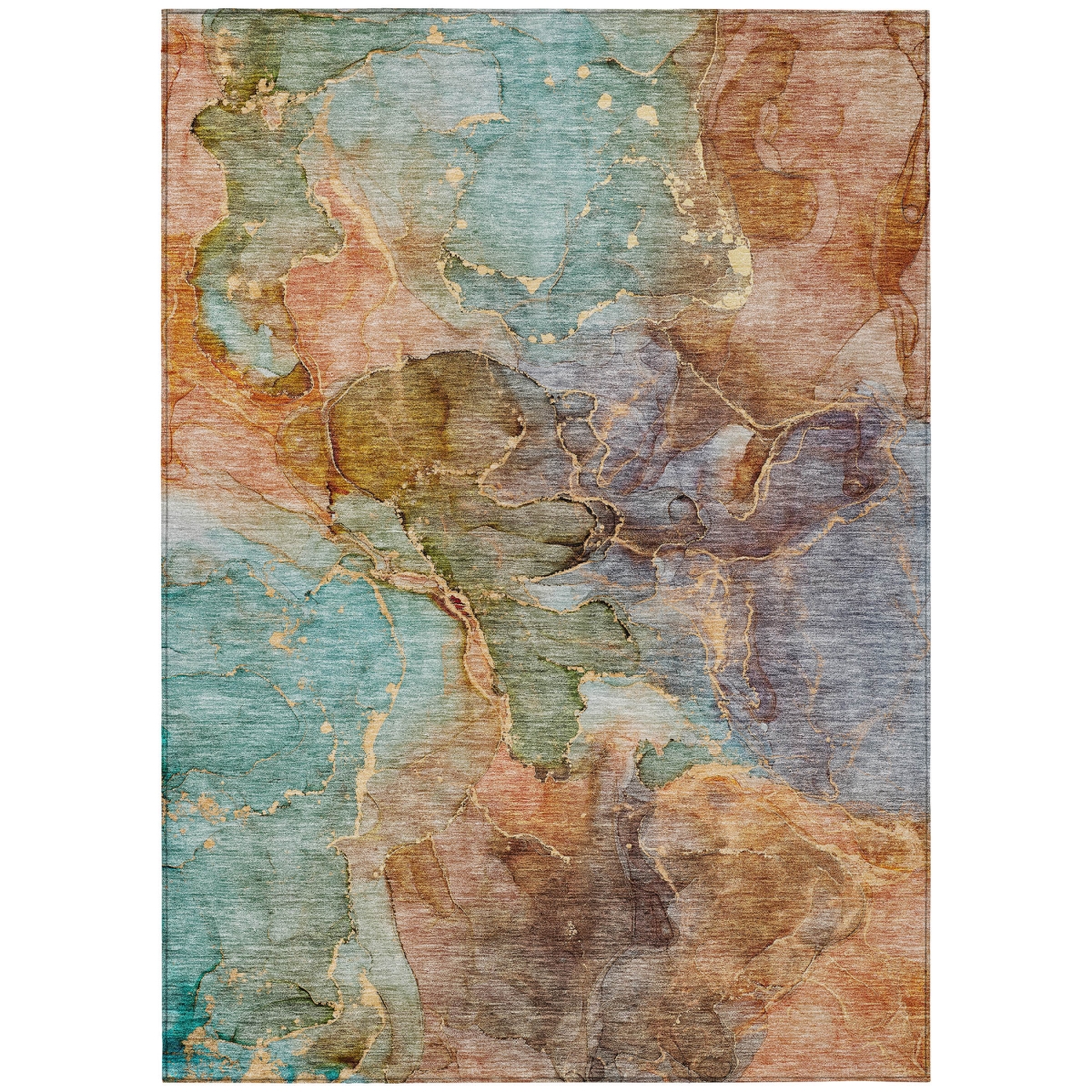Abstract Washable Area Rug - Copper Orange & Teal Blue - 5 x 8 ft - UV Resistant