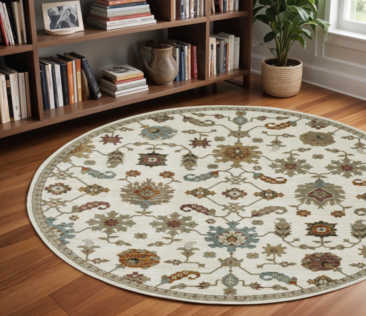 576117 8 ft. Oriental Round Rug, Ivory, Gray & Light Blue