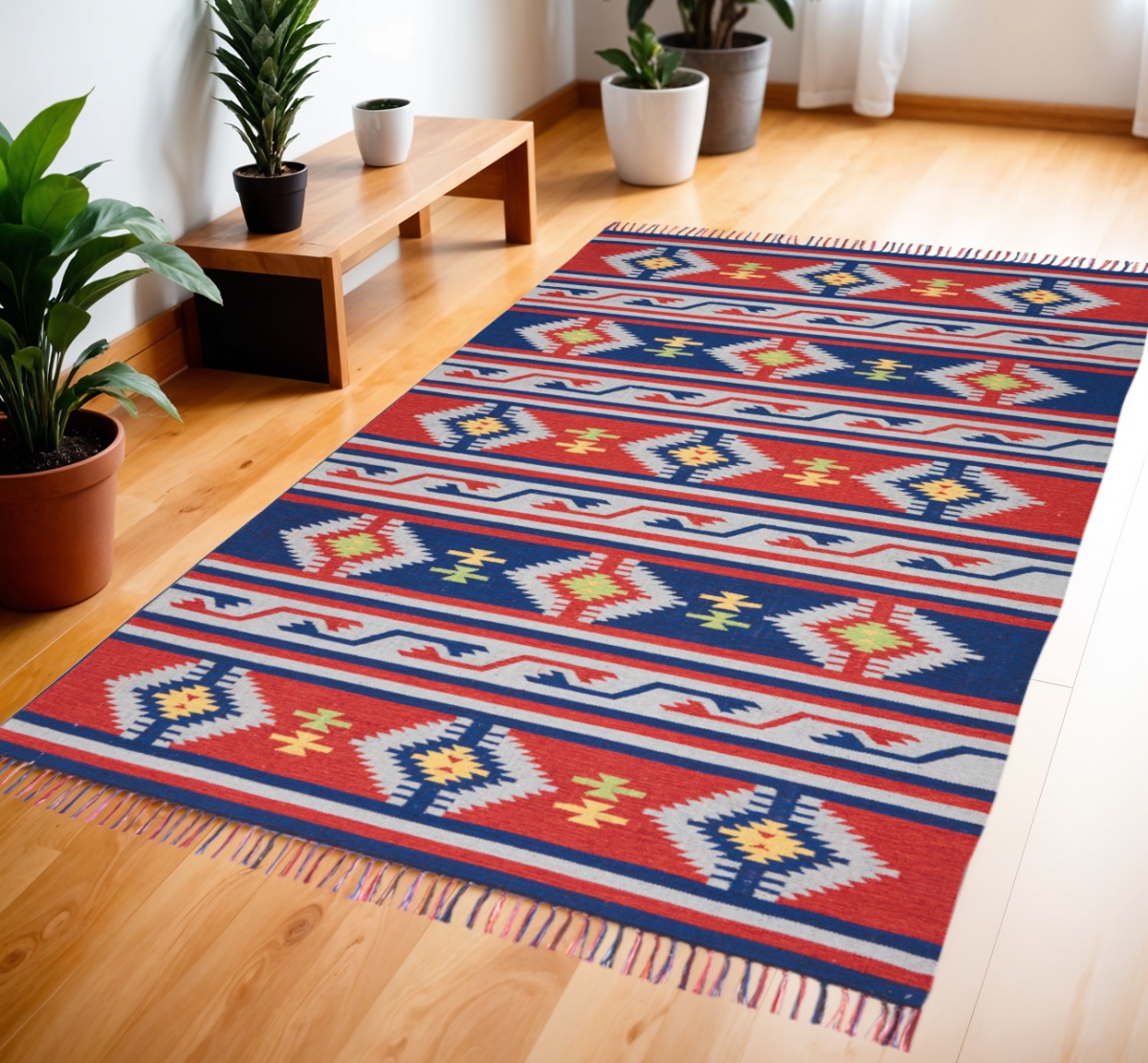 552829 4 x 6 ft. Southwestern Handmade Rectangle Area Rug with Fringe, Blue & Red