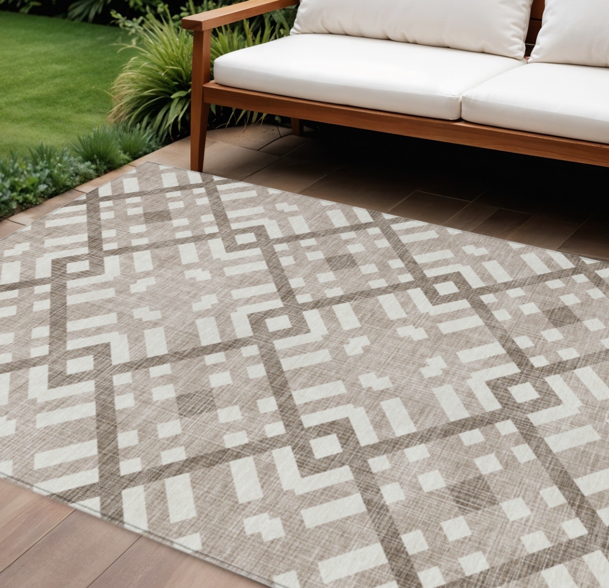 578453 10 x 14 ft. Geometric Washable Indoor & Outdoor Rectangle Area Rug, Taupe, Brown & Ivory