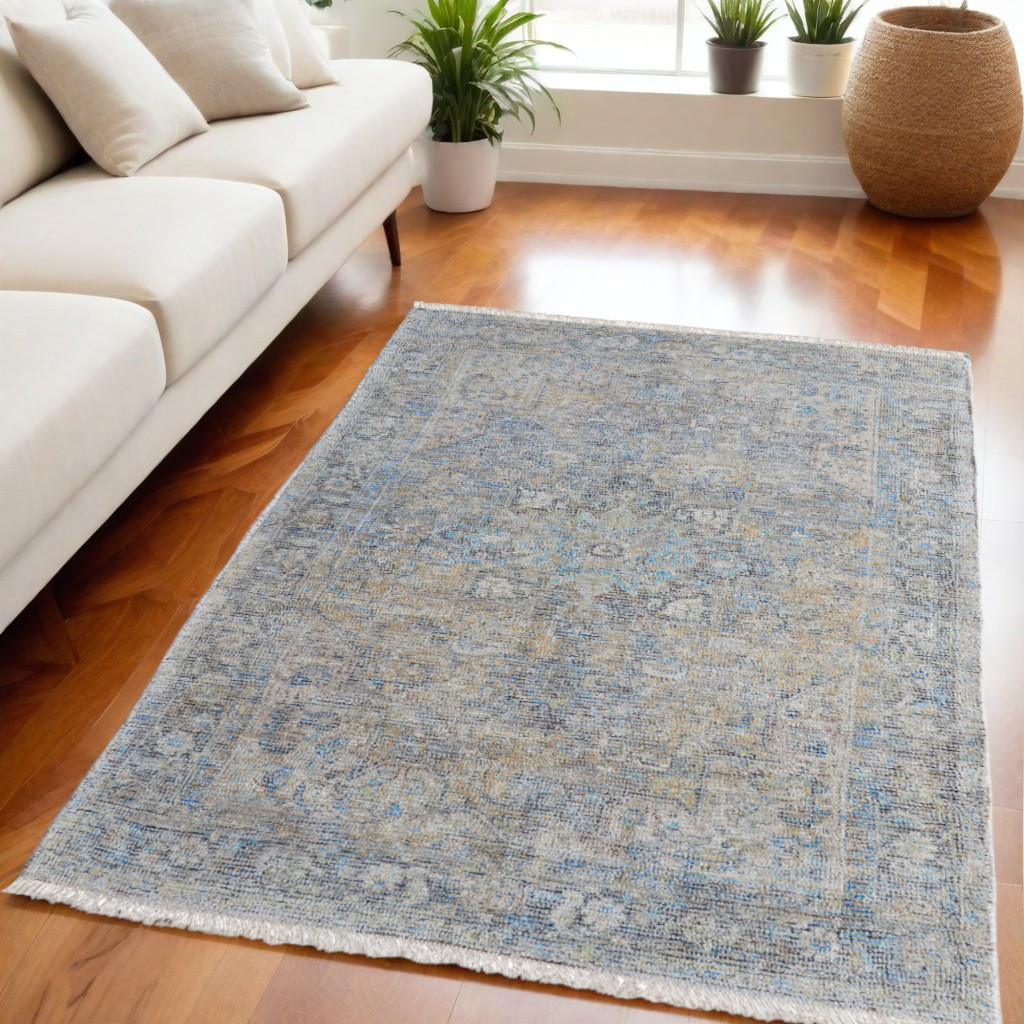 566188 5 x 8 ft. Abstract Hand Woven Distressed Rectangle Area Rug with Fringe, Gray, Blue & Tan