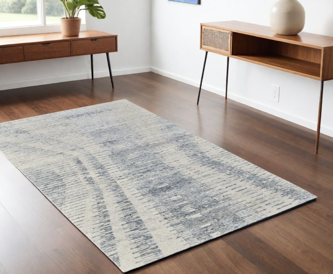 566637 4 x 6 ft. Abstract Hand Knotted Worn Faded Rectangle Area Rug, Ivory, Gray & Blue