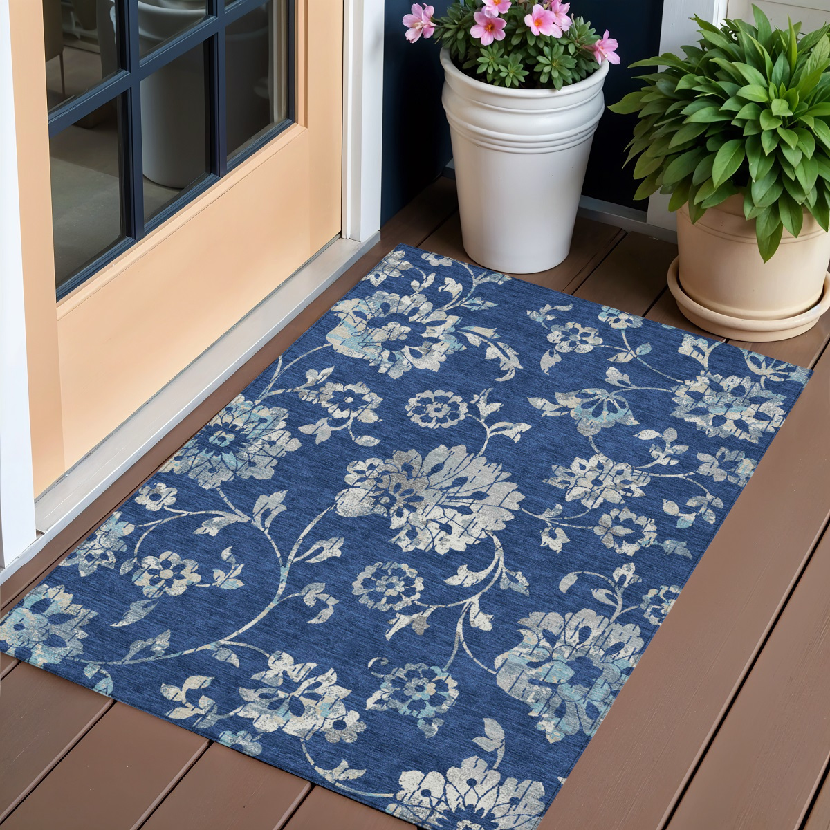 589482 3 x 5 ft. Floral Washable Indoor & Outdoor Rectangle Area Rug, Navy Blue & Gray