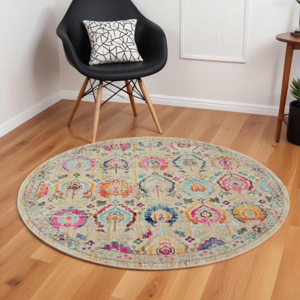 552358 6 ft. Floral Distressed Round Rug, Ivory, Pink & Orange