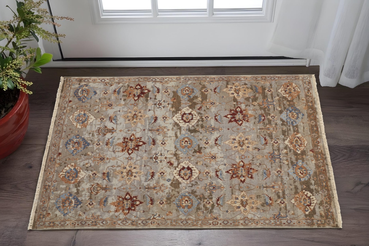 567360 2 x 3 ft. Wool Floral Hand Knotted Rectangle Area Rug with Fringe, Tan, Brown & Gray