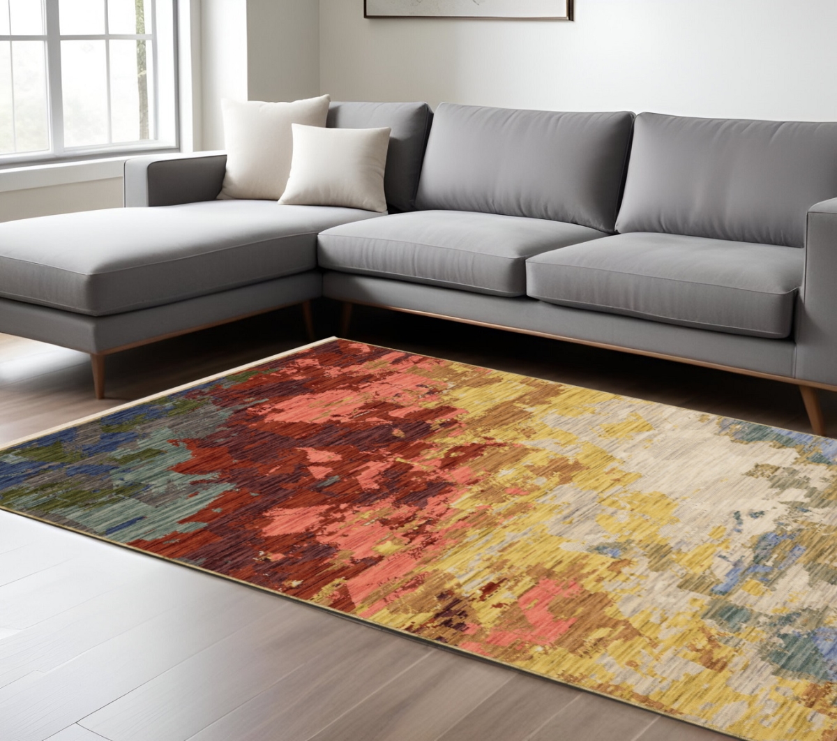 576471 10 x 13 ft. Abstract Rectangle Area Rug with Fringe, Beige, Yellow & Rust