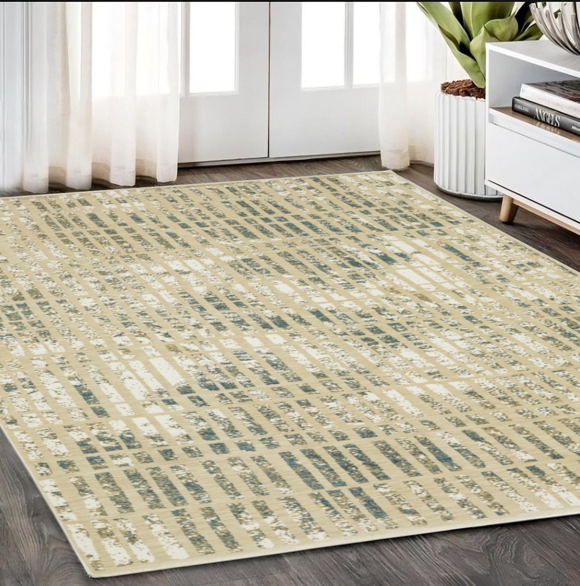575583 5 x 8 ft. Geometric Rectangle Area Rug, Beige & Blue