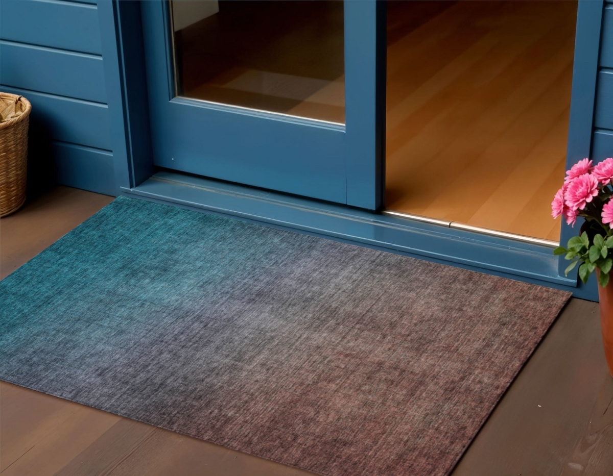 577397 3 x 5 ft. Ombre Washable Indoor & Outdoor Rectangle Area Rug, Teal Blue, Chocolate & Charcoal