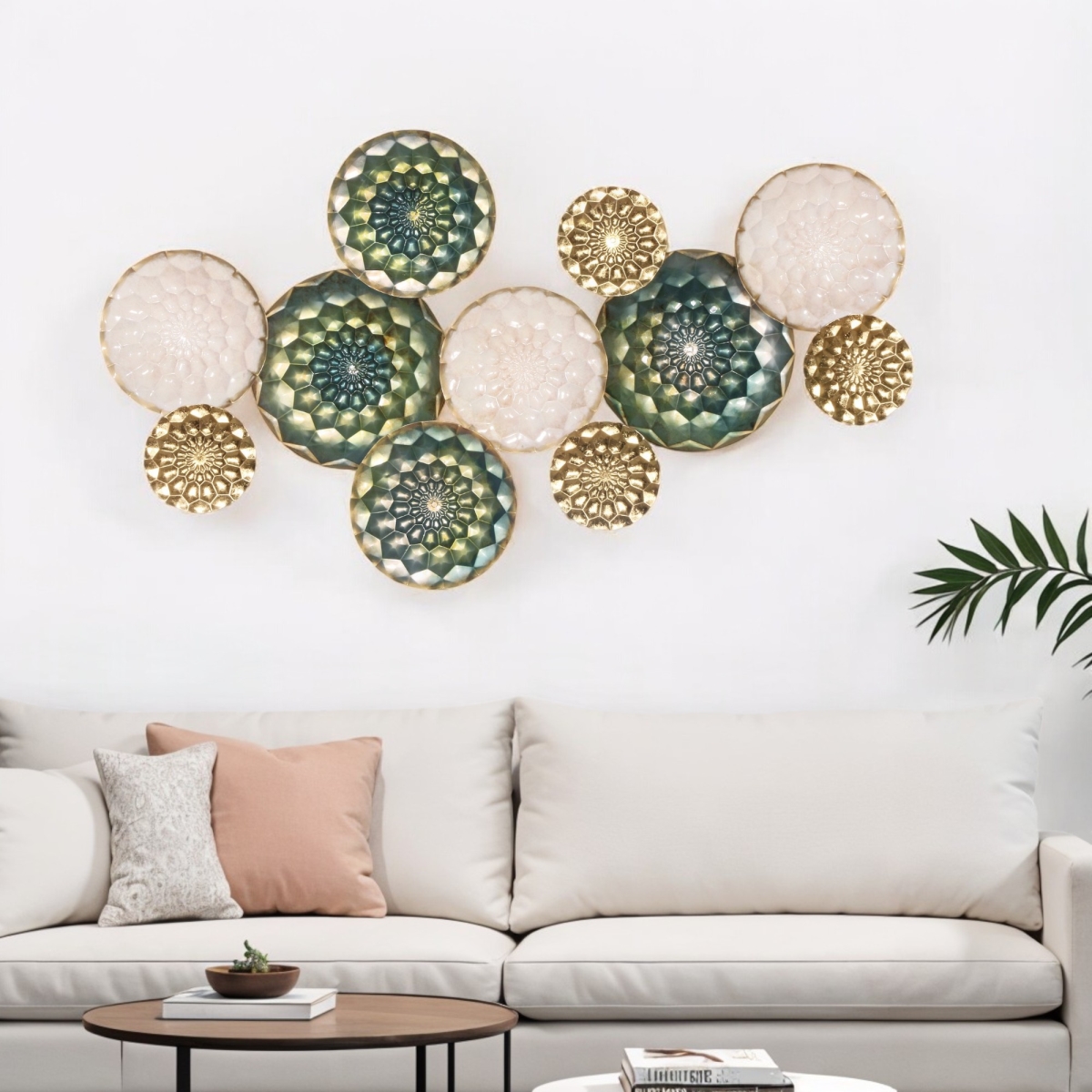 Picture of HomeRoots 574011 33 x 60 in. Bronze Gold & Silver Metal Round Disc Hanging Dimensional Sculpture