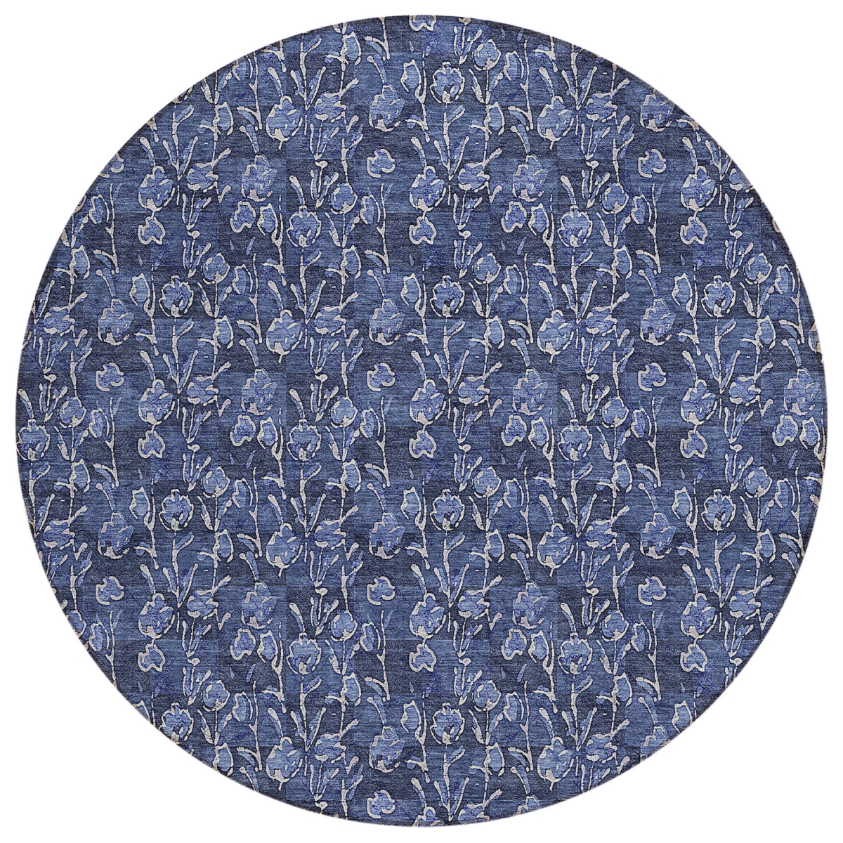 581908 8 ft. Round Floral Washable Indoor & Outdoor Area Rug, Navy Blue, Denim Blue & Ivory
