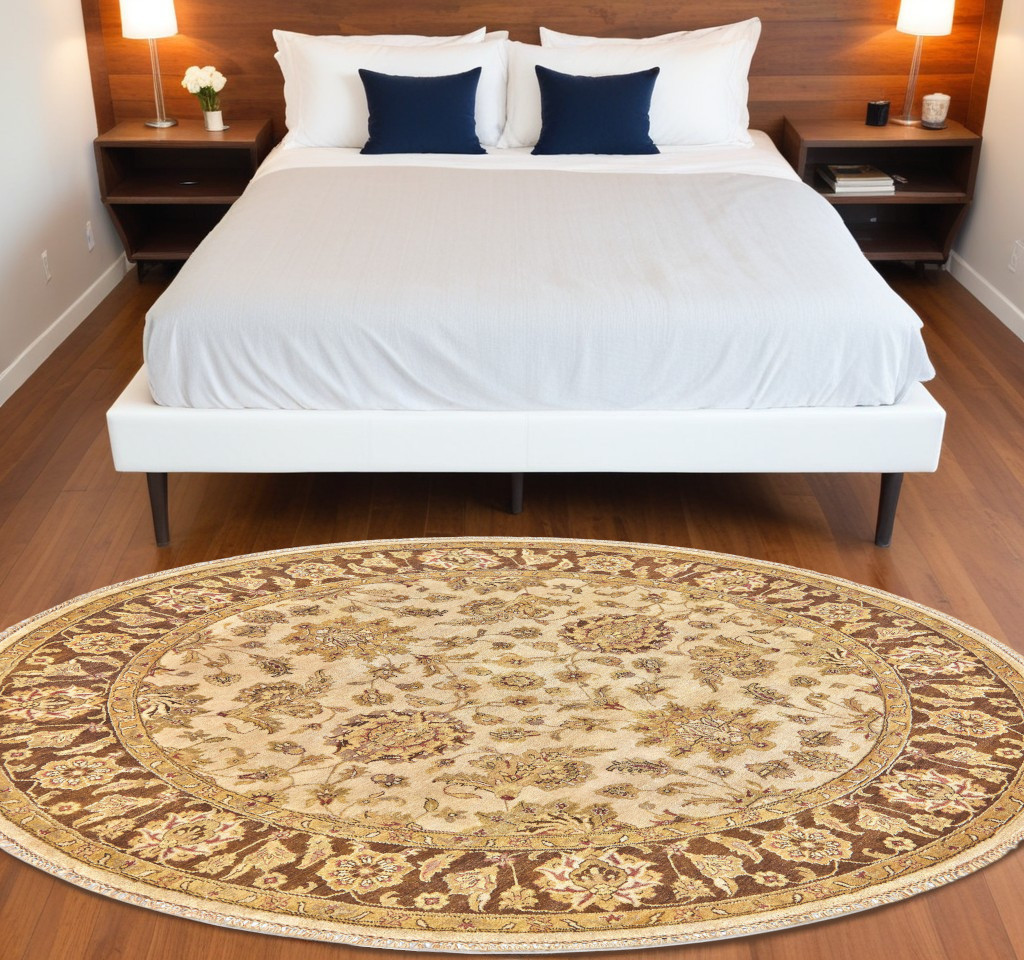 567891 8 ft. Wool Oriental Hand Knotted Round Rug, Ivory, Gold & Brown