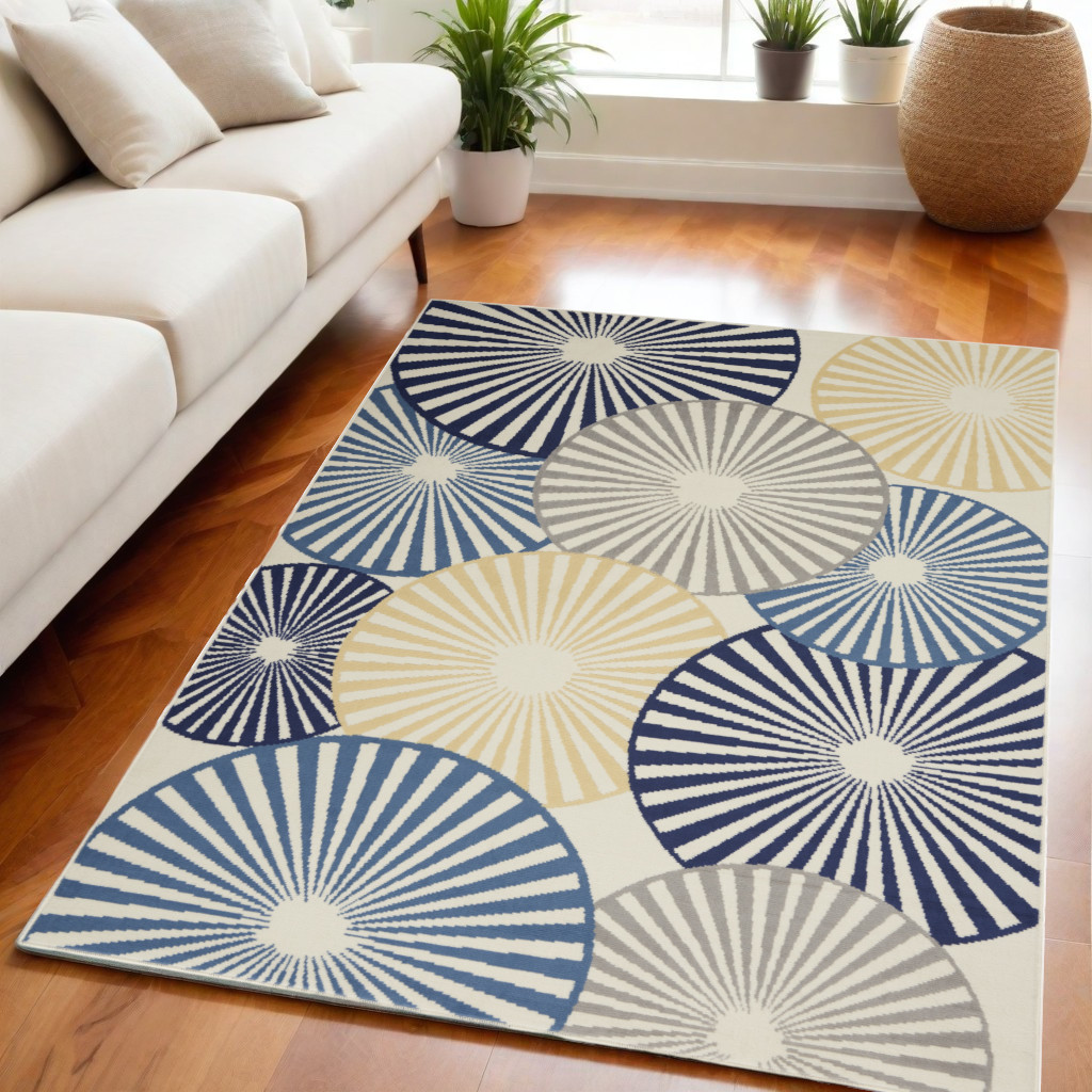 545321 5 x 7 ft. Geometric Power Loom Rectangle Area Rug, Blue & Ivory