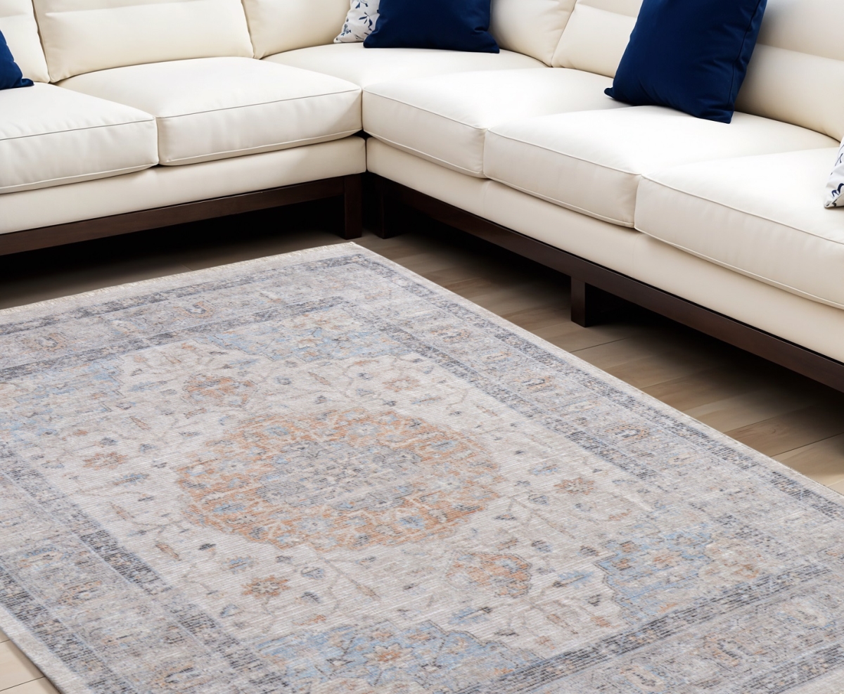 566238 10 x 14 ft. Oriental Hand Woven Distressed Rectangle Area Rug with Fringe, Ivory, Blue & Orange