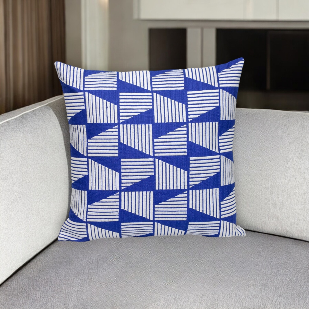 529320 18 in. Blue & White Geometric Cotton Throw Pillow with Embroidery