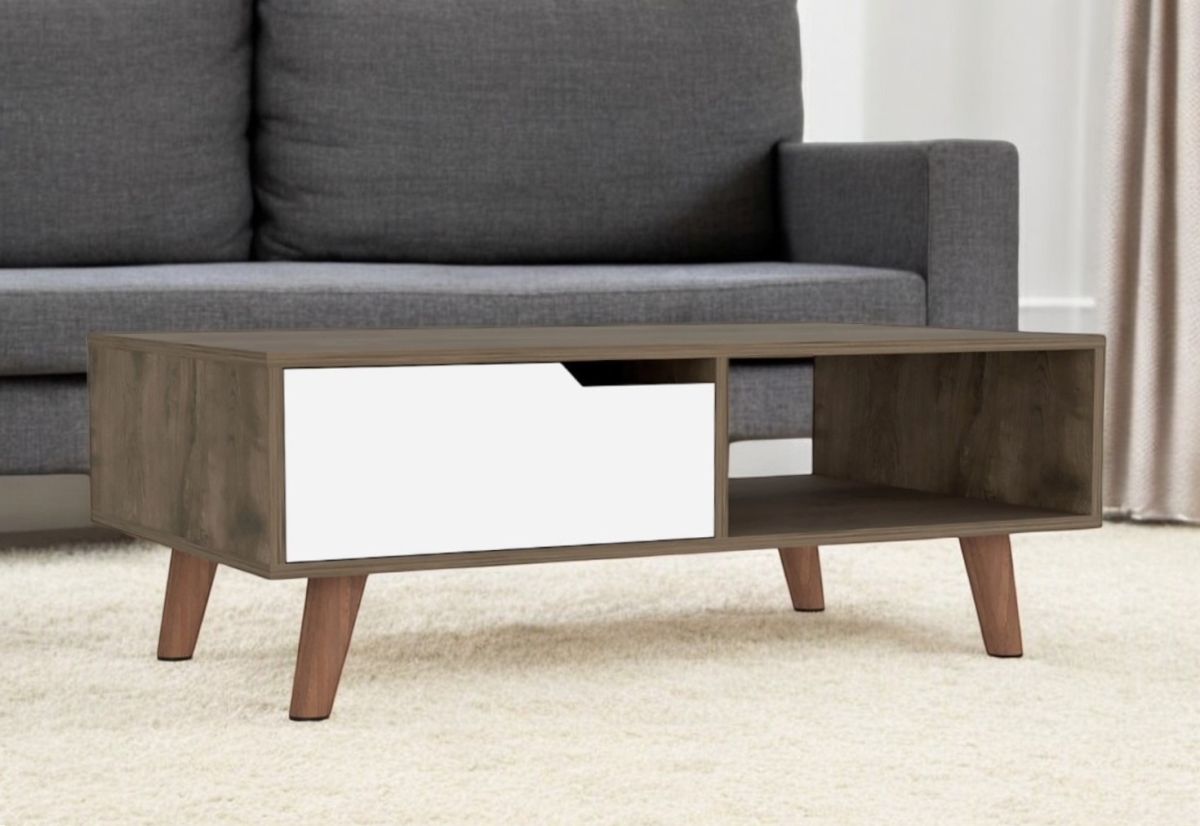 535065 40 in. Brown & White Wood Coffee Table with Drawer & Shelf