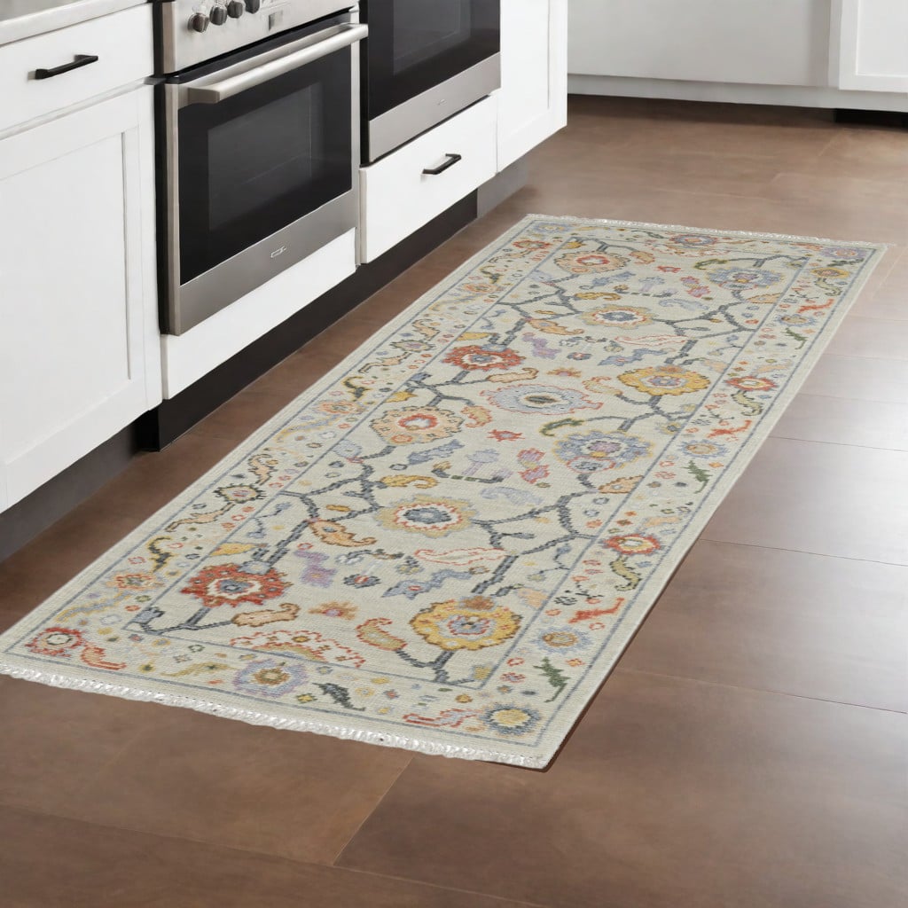 566269 8 ft. Wool Oriental Hand Knotted Runner Rug with Fringe, Gray, Red & Yellow