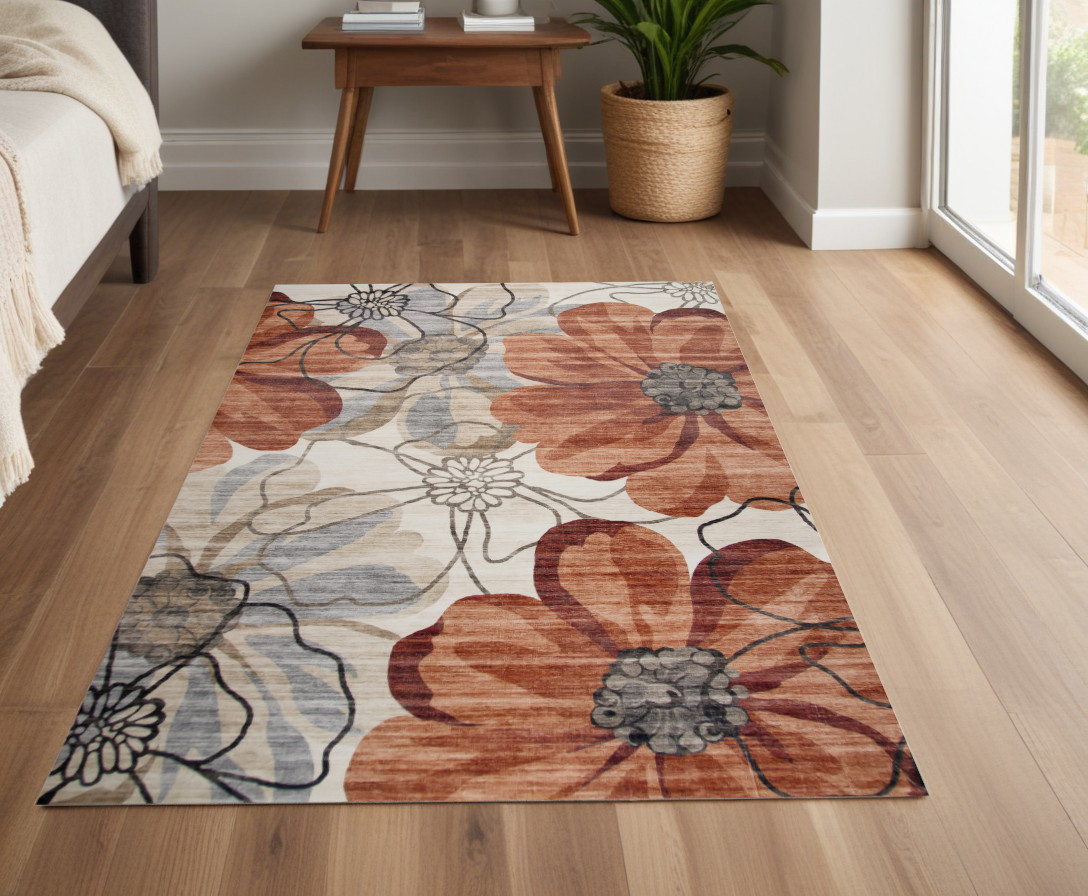 530587 4 x 6 ft. Floral Distressed Rectangular Area Rug, Red & Beige