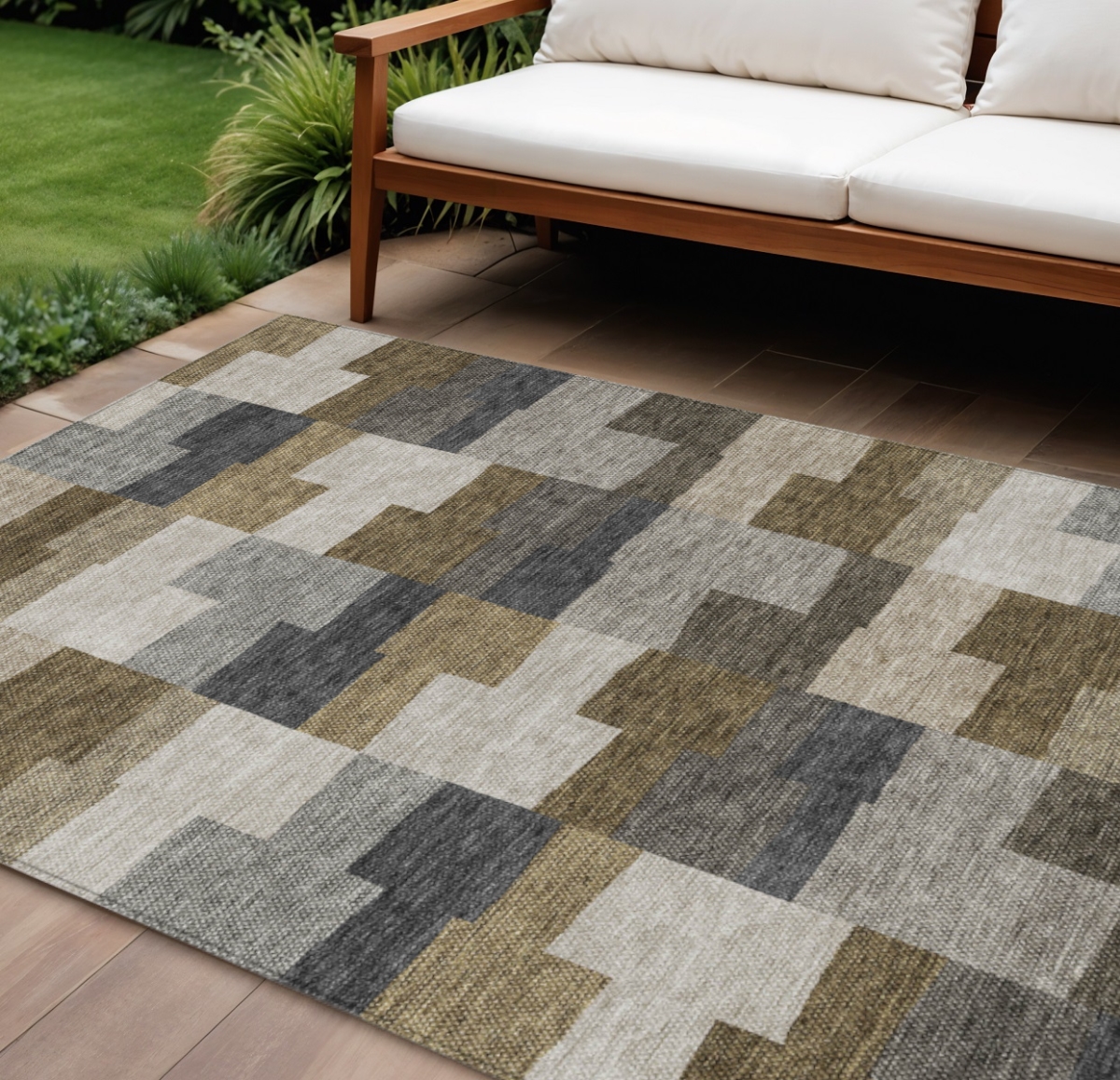580381 10 x 14 ft. Geometric Washable Indoor & Outdoor Rectangle Area Rug, Brown, Beige & Ivory