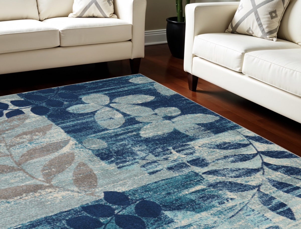 551461 9 x 12 ft. Botanical Leaves Rectangle Area Rug, Navy Blue & Ivory