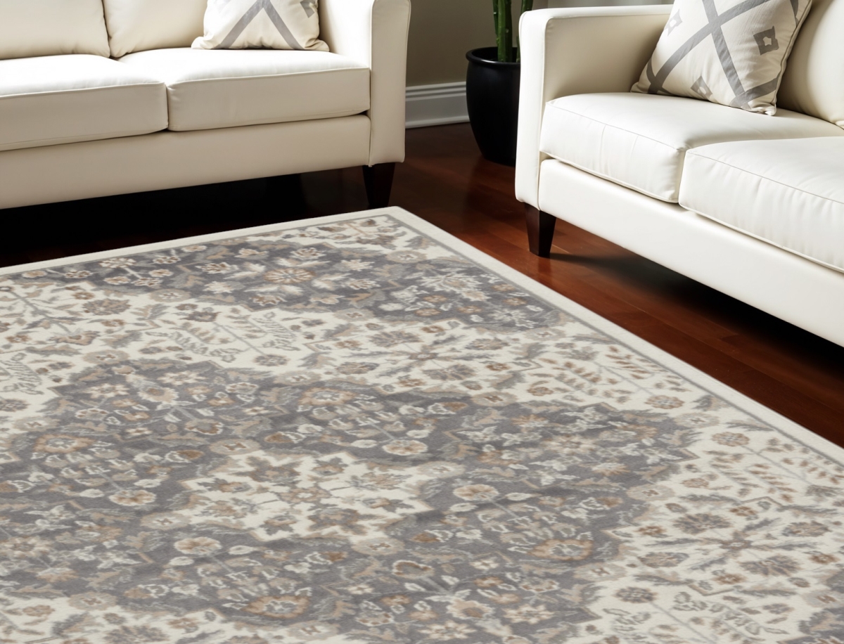 551425 9 x 12 ft. Floral Non Skid Machine Made Rectangle Area Rug, Ivory & Gray